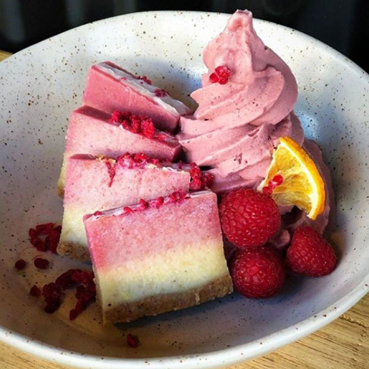 Açai whip plus vegan raspberry lemon cheesecake slice