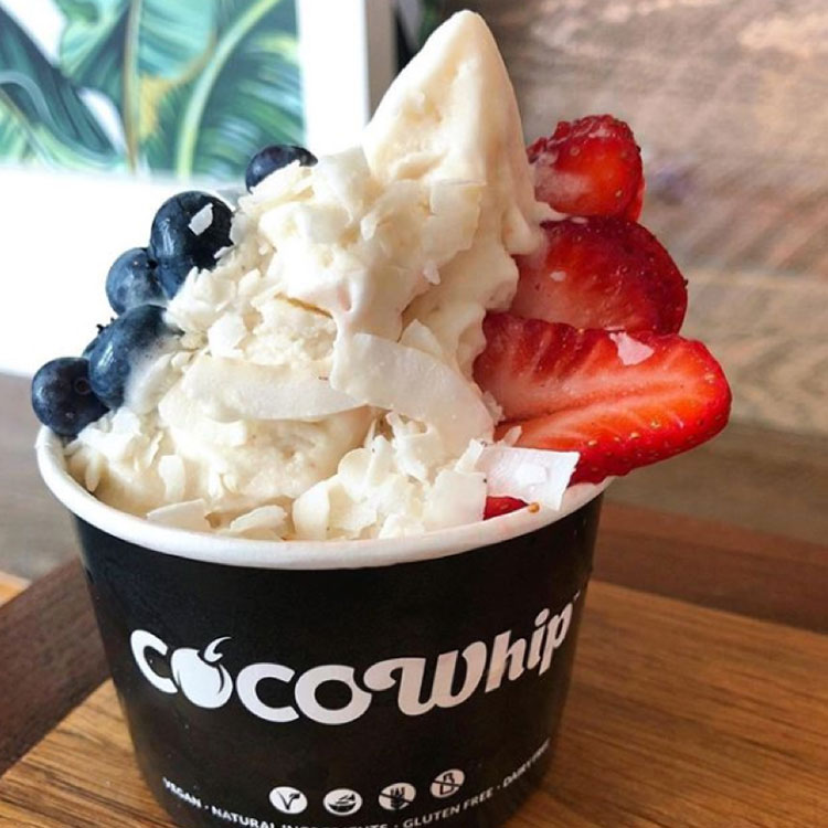 Cup of Cocowhip topped with blueberries, strawberries and coconut